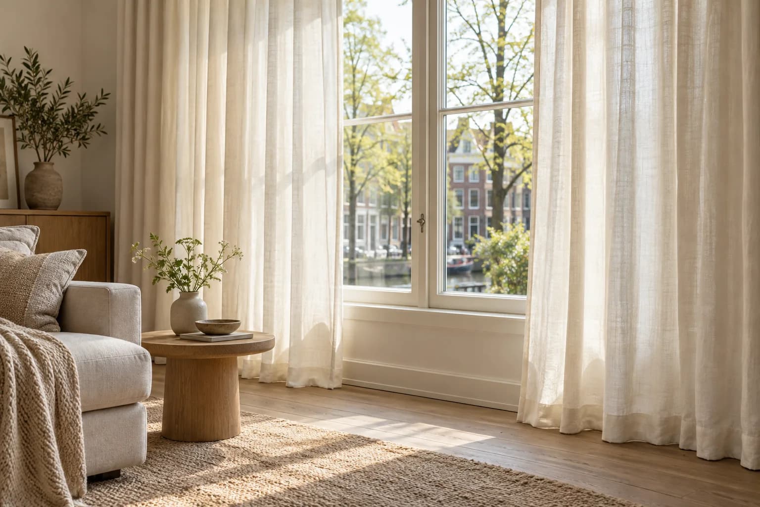 Lichte linnen gordijnen op maat voor een groot raam in een zonnige woonkamer